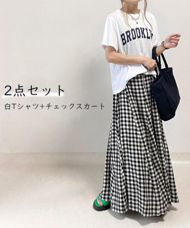 Instyle365 可愛い 大注目 チェック柄 スカート アルファベット 半袖 Tシャツ 2点セット