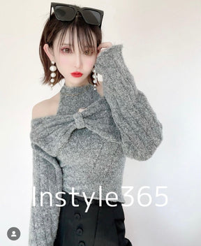 Instyle365 目を奪われる全3色リボン 透かし オープンショルダーニット・セーター2点セット