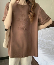 Instyle365 大人気 5色 凹凸感文字 無地 丸首 コットン Tシャツ